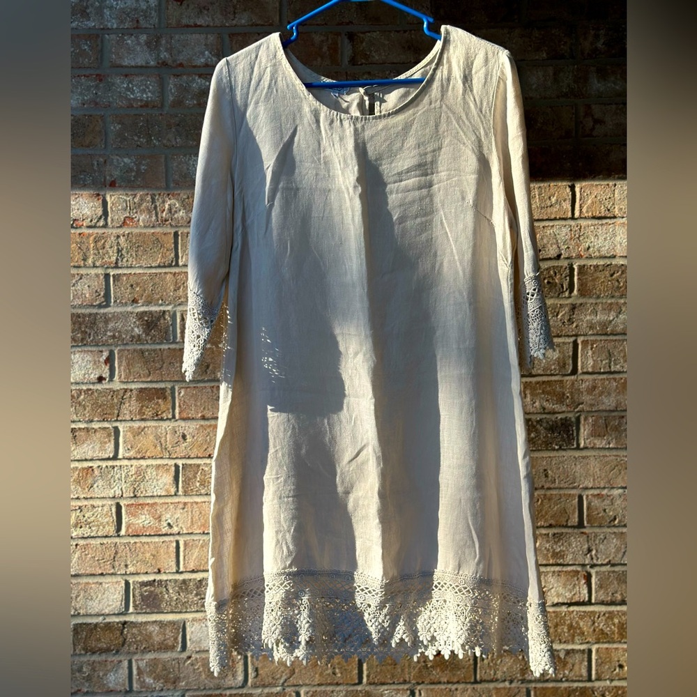 Stella Rose Cream Linen & Lace Hem Dress. Made in Italy